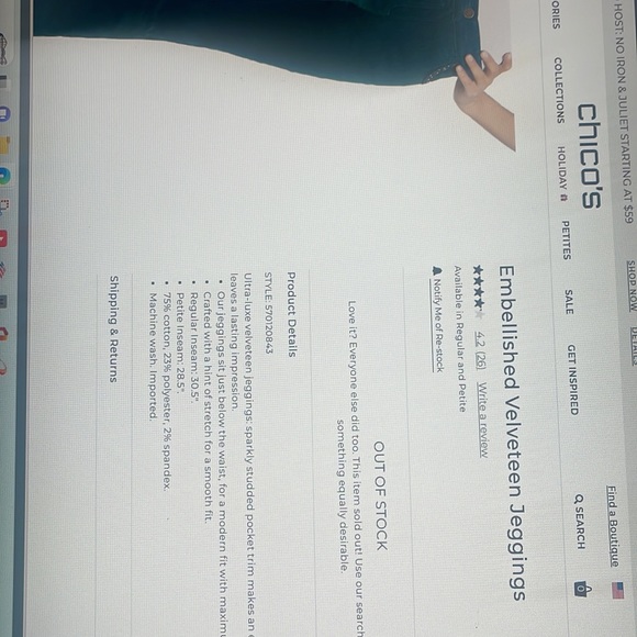 Chicos embellished velveteen Jaggies. 30.5 Goddess Green size 2 - Picture 8 of 8